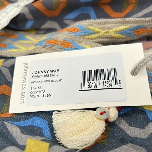 Johnny Was Becca V-Neck Blouse XS Multicolor Floral Geometric Boho - Picture 11 of 11